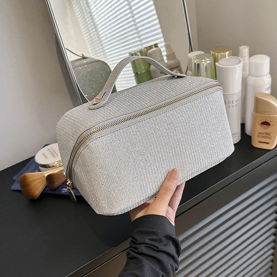 Silver Elegant Glitter Cosmetic Bag with Zipper and Handle