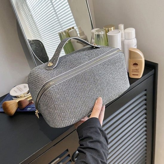 Grey Elegant Glitter Cosmetic Bag with Zipper and Handle