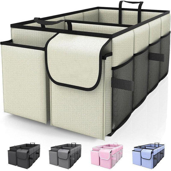 Beige 46L Car Organizer Storage Box with Multiple Compartments and Pockets