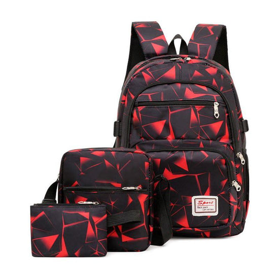 Red Stylish 3-Piece Backpack Set with Unique Geometric Design