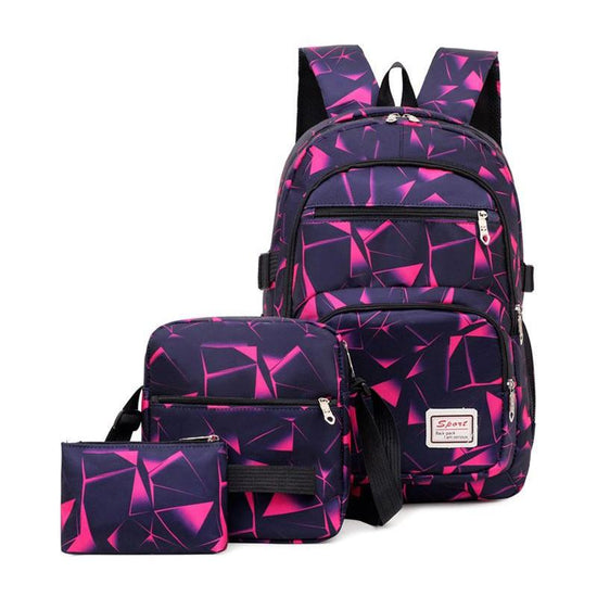 Rose-red Stylish 3-Piece Backpack Set with Unique Geometric Design