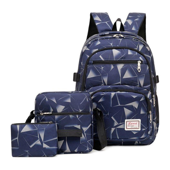 Grey Stylish 3-Piece Backpack Set with Unique Geometric Design