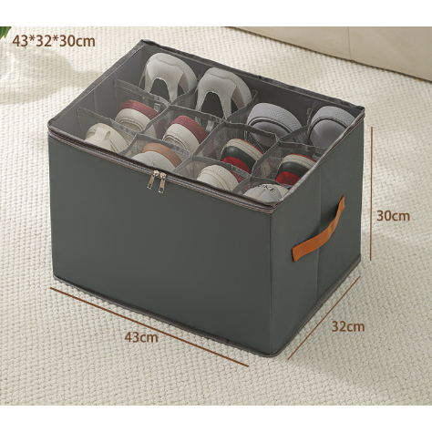 Grey Multi-Compartment Shoe Organizer Storage Box - Space-Saving and Convenient for Closet Organization