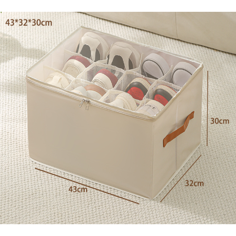 Beige Multi-Compartment Shoe Organizer Storage Box - Space-Saving and Convenient for Closet Organization