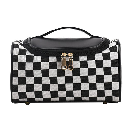 Black Checkered Cosmetic Bag with Handle - Stylish, Compact, and Practical for Travel