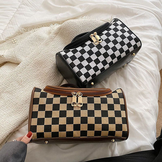 Black Checkered Cosmetic Bag with Handle - Stylish, Compact, and Practical for Travel