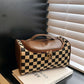 Brown Checkered Cosmetic Bag with Handle - Stylish, Compact, and Practical for Travel