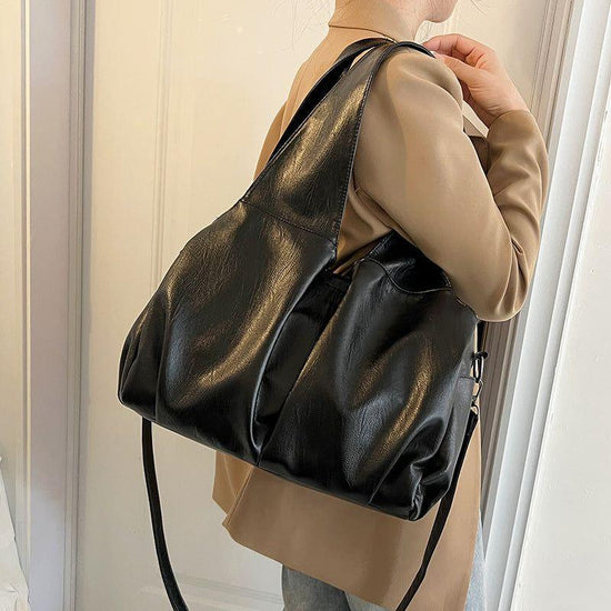 Black Trendy Large Capacity Soft Leather Bag - Women&