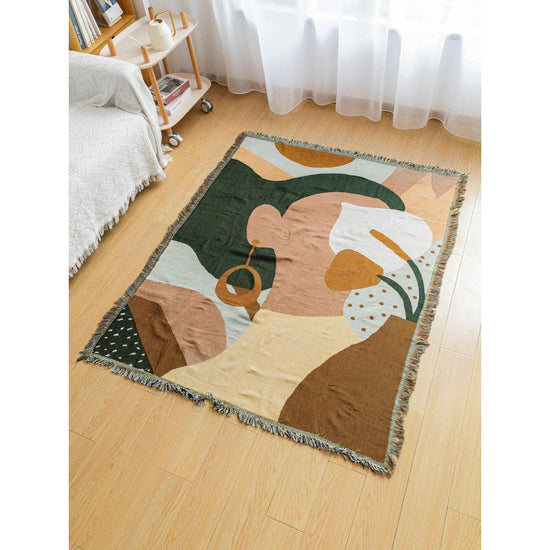 Boho Abstract Woven Blanket – 180x130cm Decorative Throw with Tassel Edges