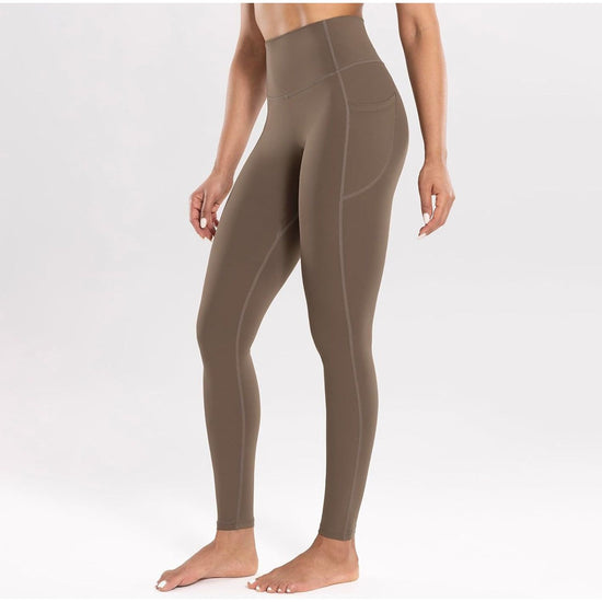 M Dark Khaki High-Waist Seamless Yoga Leggings with Pockets - Ultra Soft & Quick-Dry Workout Tights