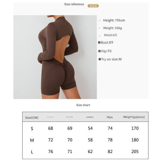 S Black Backless Scrunch Butt Workout Jumpsuit - Long-Sleeve Open-Back Yoga Romper