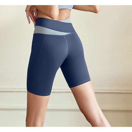 XXL Blue Color-Block High-Waist Yoga Shorts - Seamless Scrunch Butt Anti-Chafing Workout Shorts