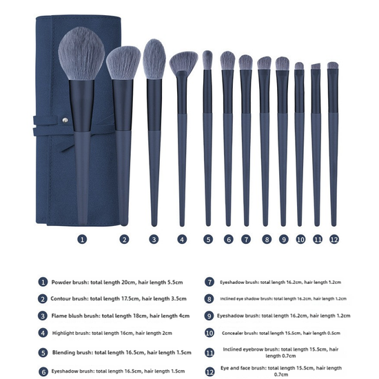 Dark Blue 12-Piece Professional Makeup Brush Set with Cosmetic Bag - Premium Synthetic Fiber, Wooden Handle, Aluminum Tube