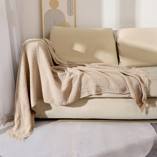 130*230CM Khaki Nordic Solid Color Knitted Sofa Throw Blanket with Tassels - Waffle Weave Polyester Decorative Blanket