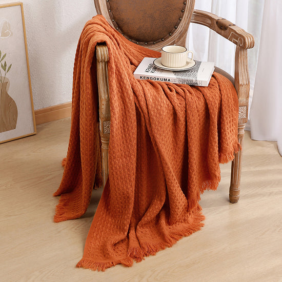 130*230CM Caramel Nordic Solid Color Knitted Sofa Throw Blanket with Tassels - Waffle Weave Polyester Decorative Blanket