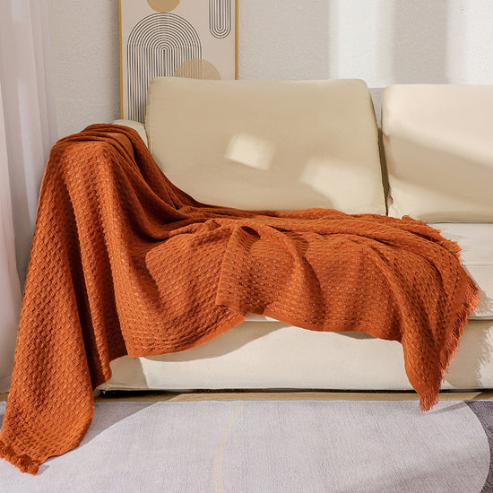 130*230CM Caramel Nordic Solid Color Knitted Sofa Throw Blanket with Tassels - Waffle Weave Polyester Decorative Blanket