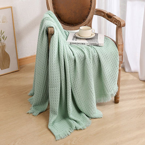 130*230CM Cyan Nordic Solid Color Knitted Sofa Throw Blanket with Tassels - Waffle Weave Polyester Decorative Blanket