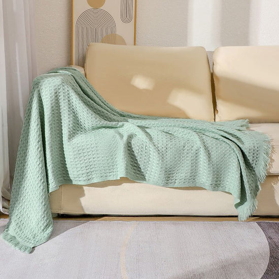 130*230CM Cyan Nordic Solid Color Knitted Sofa Throw Blanket with Tassels - Waffle Weave Polyester Decorative Blanket