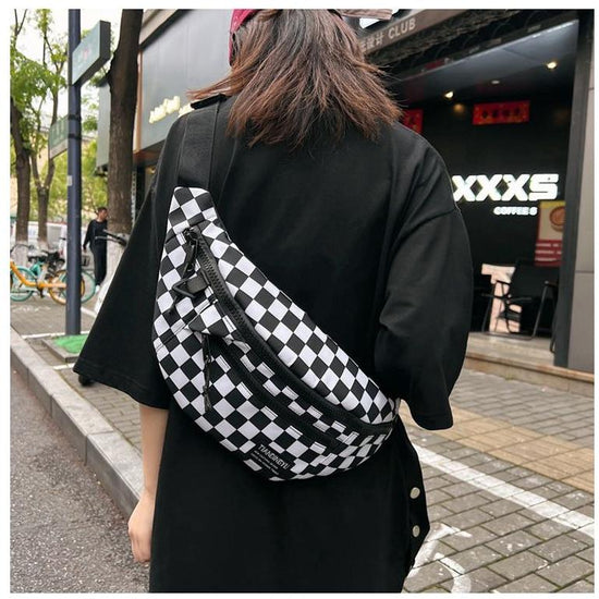 Black and White Check Trendy Checkered Crossbody Bag - Color-Block Chest Bag for Men and Women, Lightweight Nylon Waist Bag