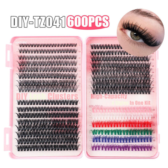 600 Eyelashes Set DIY Lash Clusters Kit - High-Capacity 4 Styles with Black and Colorful Lashes