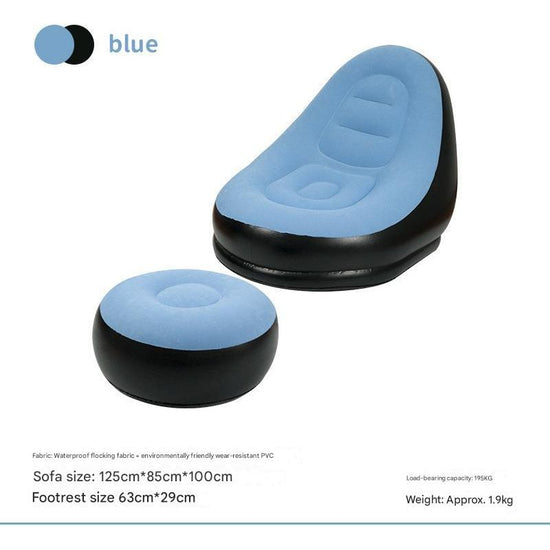 Blue And Black Patchwork Portable Inflatable Sofa Chair with Ottoman - Waterproof Flocked Lazy Sofa for Camping and Home Use