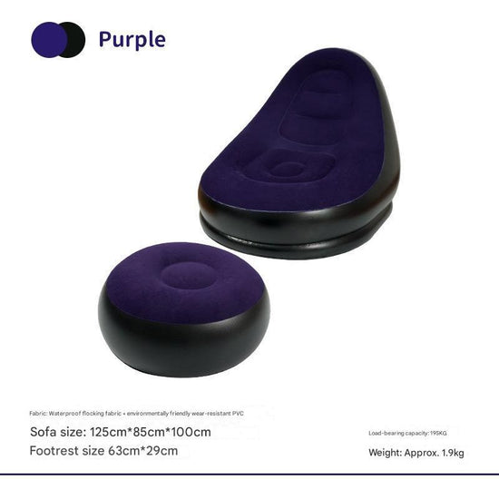 Purple And Black Patchwork Portable Inflatable Sofa Chair with Ottoman - Waterproof Flocked Lazy Sofa for Camping and Home Use