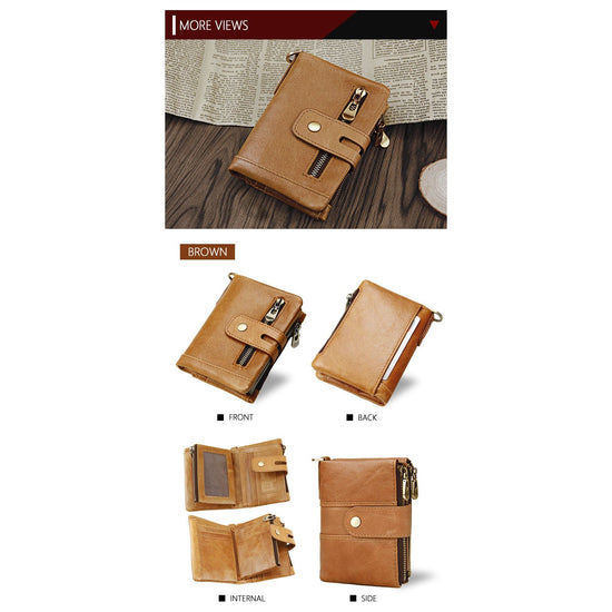 Brown Genuine Leather Tri-Fold Wallet - Fashionable Multi-Card Men&