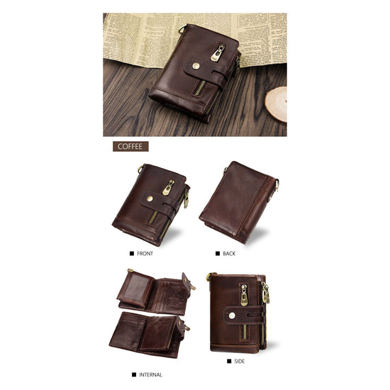 Coffee Genuine Leather Tri-Fold Wallet - Fashionable Multi-Card Men&