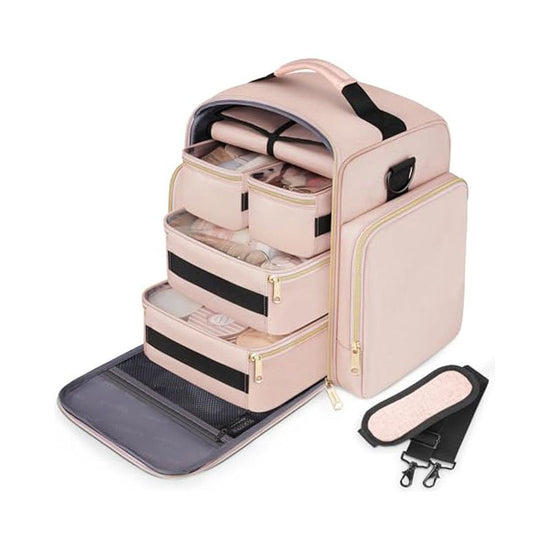 Pink 4-in-1 Travel Cosmetic Organizer Bag with Detachable Polyester Storage Boxes and Jewelry Roll, Multiple Compartments, Portable Makeup Bag