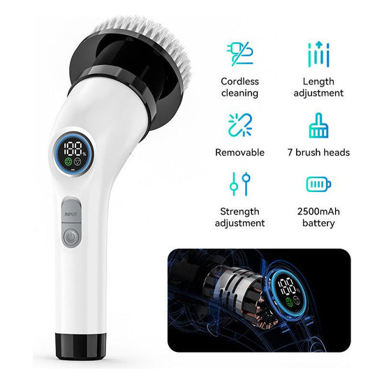 Black and white 9-in-1 Cordless Electric Cleaning Brush with Rechargeable Battery and Extendable Handle, Multi-Function Scrubber for Kitchen, Bathroom, and Home Cleaning