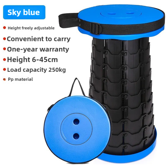 Black and Blue Splicing Color Portable Outdoor Telescopic Folding Stool with 100 Weight-Bearing Buckles, Lightweight and Compact Design, Perfect for Fishing, Camping, and Travel