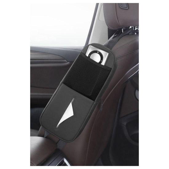 Black Multifunctional Car Seat Side Organizer with PU Leather Tissue Holder and Mesh Pocket – Compact Storage Bag for Phones and Accessories(Mobile phones and tissues are filming props, not included)