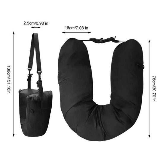 Black Waterproof Portable Refillable Travel Neck Pillow with Storage Bag – Lightweight and Compact for Airplane, Car, and Train – Multi-Purpose Travel Organizer