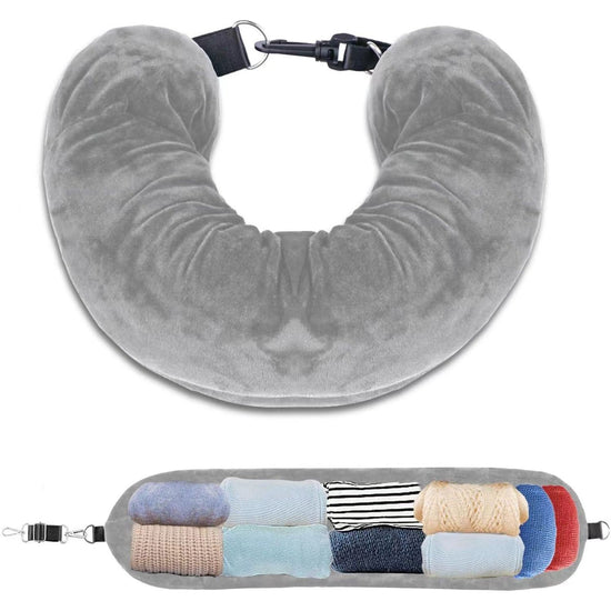 Grey Suede Portable Refillable Travel Neck Pillow with Storage Bag -Lightweight and Compact for Airplane, Car, and Train - Multi-Purpose Travel Organizer