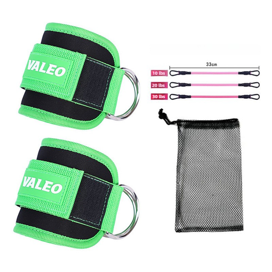 Green Set (2 Ankle Straps + 3 elastic ropes + 1 mesh bag) Adjustable Ankle Straps for Leg and Glute Training – EVA Padded Gym Foot Straps