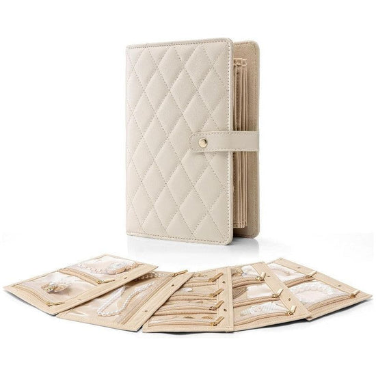 1 Piece Off White Luxury Leather Loose-Leaf Jewelry Organizer - Portable Large-Capacity Storage Book for Earrings and Necklaces(Jewellery is a shooting prop and is not included)