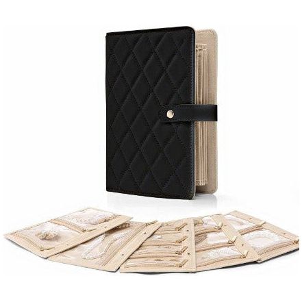 1 Piece Black Luxury Leather Loose-Leaf Jewelry Organizer - Portable Large-Capacity Storage Book for Earrings and Necklaces(Jewellery is a shooting prop and is not included)