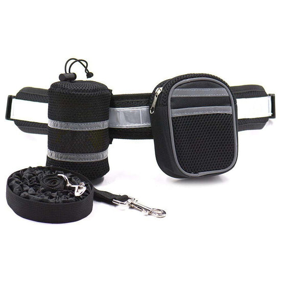 Black Reflective Pet Waist Bag with Hands-Free Leash for Night Safety - Adjustable Waist Pack with Detachable Pouches