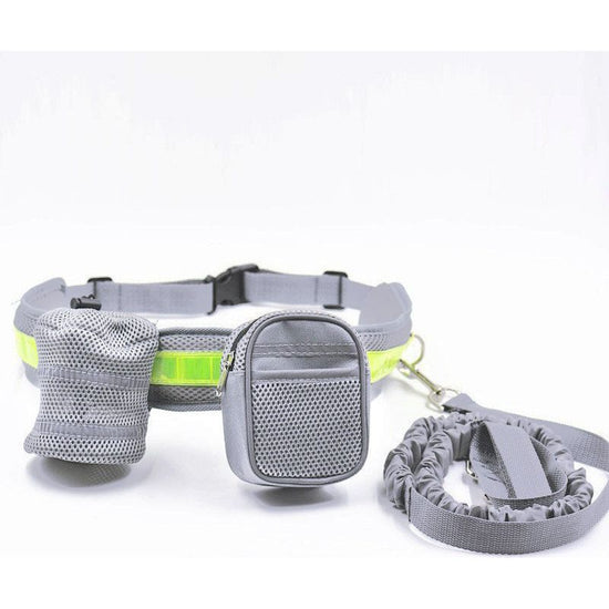 Grey Reflective Pet Waist Bag with Hands-Free Leash for Night Safety - Adjustable Waist Pack with Detachable Pouches