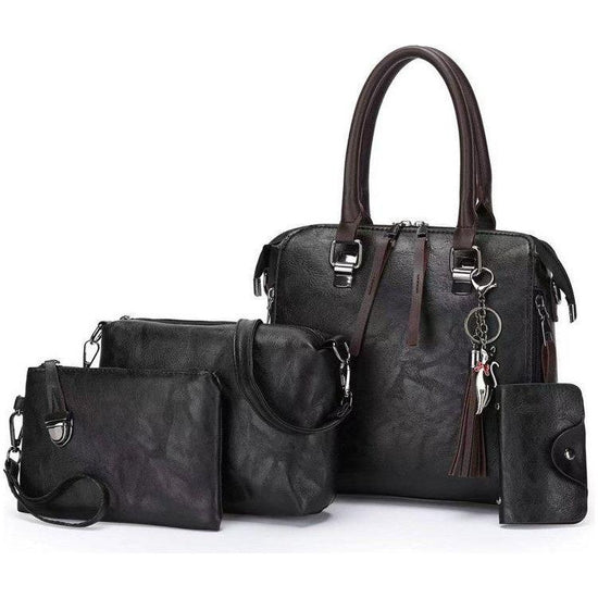 Black 4-Piece Women’s PU Leather Tote Bag Set - Vintage Handbag, Shoulder Bag, Clutch, and Card Holder - Lightweight Design