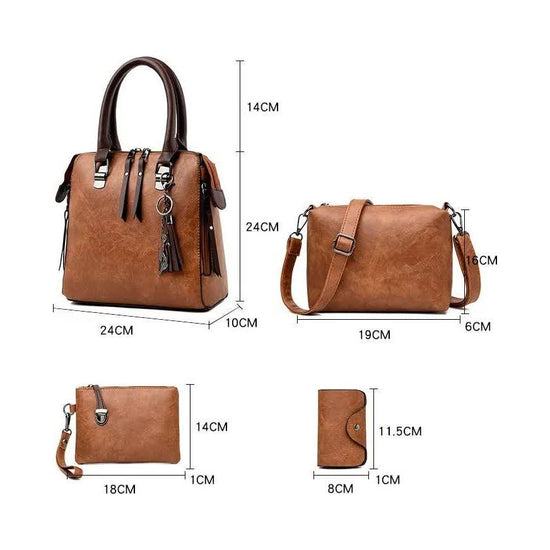 Black 4-Piece Women’s PU Leather Tote Bag Set - Vintage Handbag, Shoulder Bag, Clutch, and Card Holder - Lightweight Design