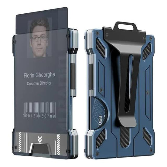 1 Pcs Blue Premium RFID Blocking Aluminum Alloy ID Badge Holder with Transparent Card Slot & Money Clip