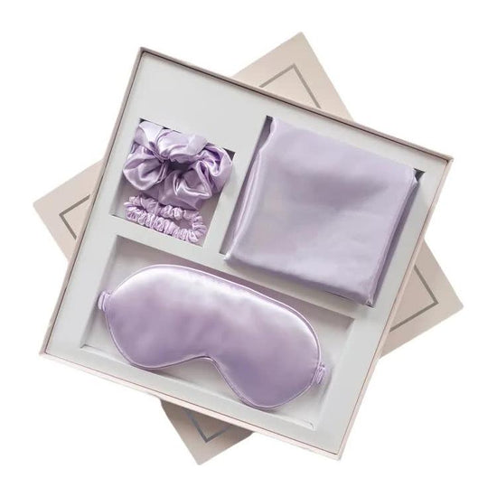 Purple Luxury Faux Silk Sleep Gift Set - 4-Piece Eye Mask, Pillowcase & Scrunchies for Relaxation & Comfort