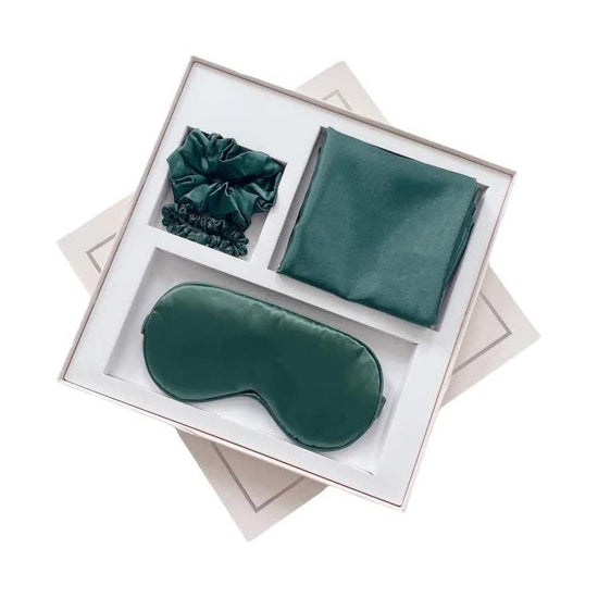 Green Luxury Faux Silk Sleep Gift Set - 4-Piece Eye Mask, Pillowcase & Scrunchies for Relaxation & Comfort