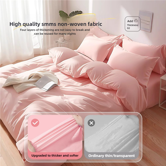 4 Packaging Pink Disposable Travel Bedding Set - Waterproof & Clean, Soft Non-Woven Fabric, 4 Pieces Set for Twin Beds