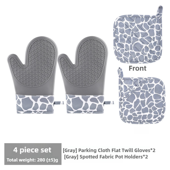 Grey 4-Piece Set High-Temperature Resistant Silicone and Cotton Oven Mitts and Pot Holders Set – Heat-Resistant, Non-Slip, Food-Grade Kitchen Gloves for Baking, Cooking, and Grilling