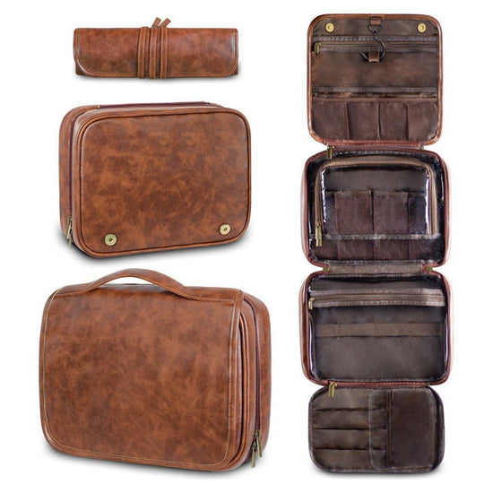 Reddish Brown Luxury PU Business Travel Toiletry Bag – Large Capacity Waterproof Makeup Organizer with Dividers – Portable & Stylish Bathroom Storage