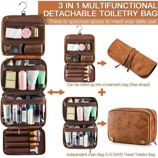 Yellowish Brown Luxury PU Business Travel Toiletry Bag - Large Capacity Waterproof Makeup Organizer with Dividers - Portable & Stylish Bathroom Storage