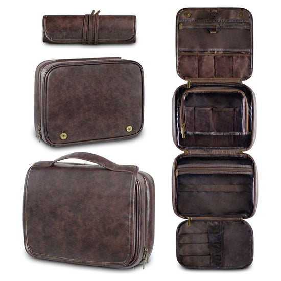 Coffee Luxury PU Business Travel Toiletry Bag - Large Capacity Waterproof Makeup Organizer with Dividers - Portable & Stylish Bathroom Storage