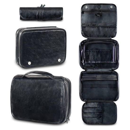 Black Luxury PU Business Travel Toiletry Bag - Large Capacity Waterproof Makeup Organizer with Dividers - Portable & Stylish Bathroom Storage